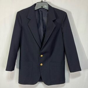 🧮 TFW navy blue wool blend two button sports coat with gold crest buttons.
